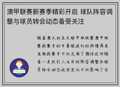 澳甲联赛新赛季精彩开启 球队阵容调整与球员转会动态备受关注